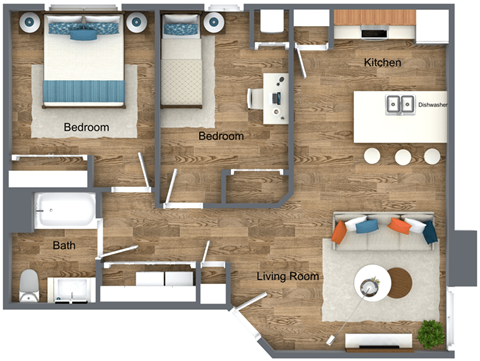 Floor plan for 2 beds, 1 bath, 765 sqft